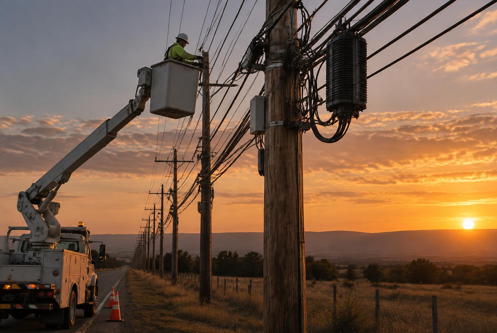 Bucket truck operating along an aerial telecommunications route