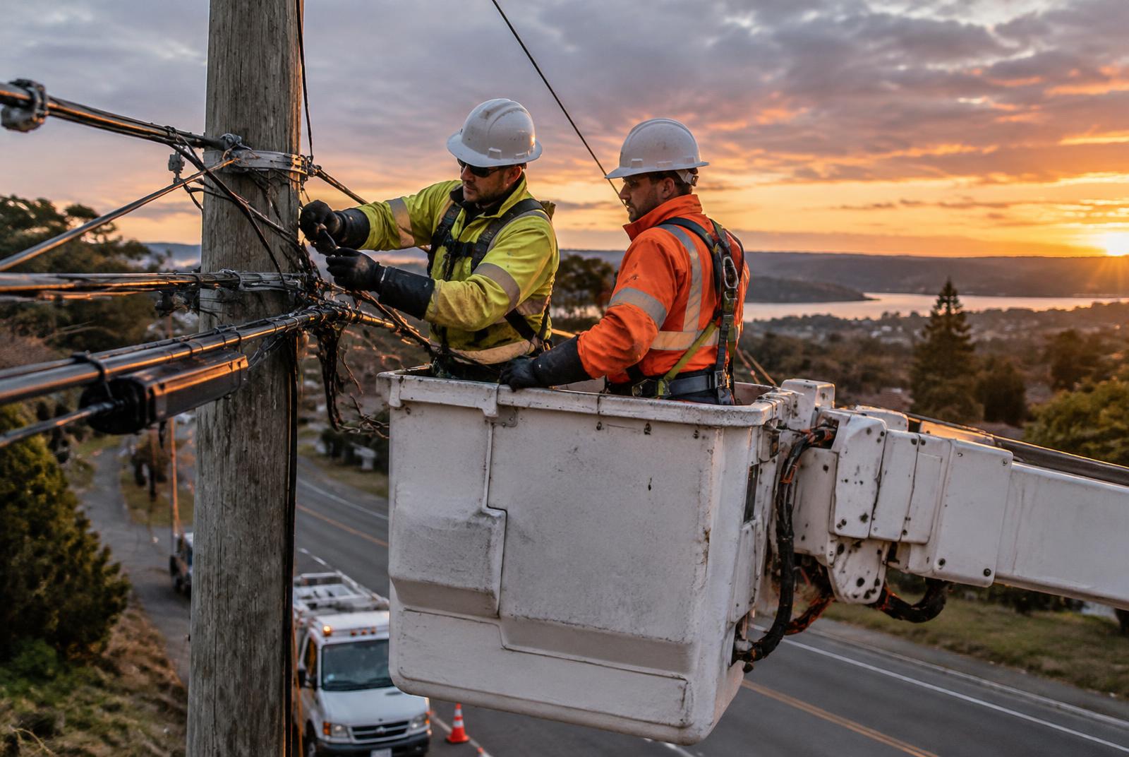 Technicians working from a bucket lift beside aerial utility lines